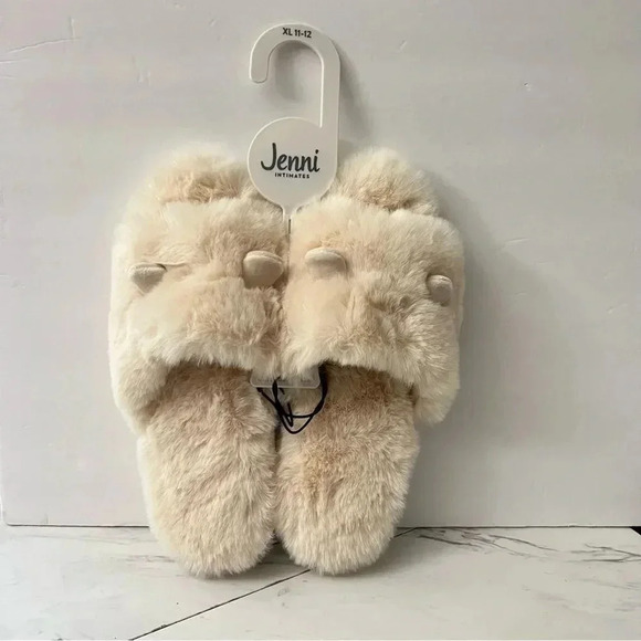 Jenni Faux Fur Slippers Size XL 11-12 Ivory Beige Open Toe With Ear Details - Picture 1 of 5